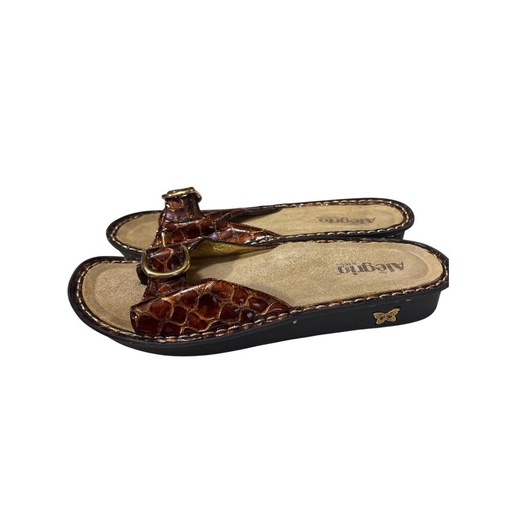 Alegria Brown Croc-Embossed Leather Sandals Womens Size 9.5-10 With Buckle Detai